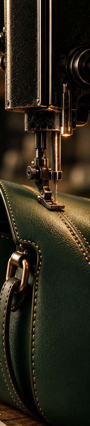 Hand-stitched leather bag under a vintage sewing machine